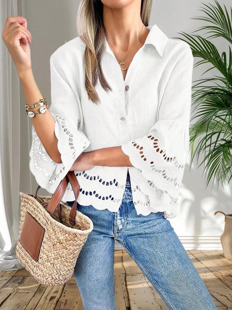 Womens Eyelet Blouse 3/4 Bell Sleeve Button Down Ruffle Hem Casual Summer Shirt Top - 白-1 - 查看 1