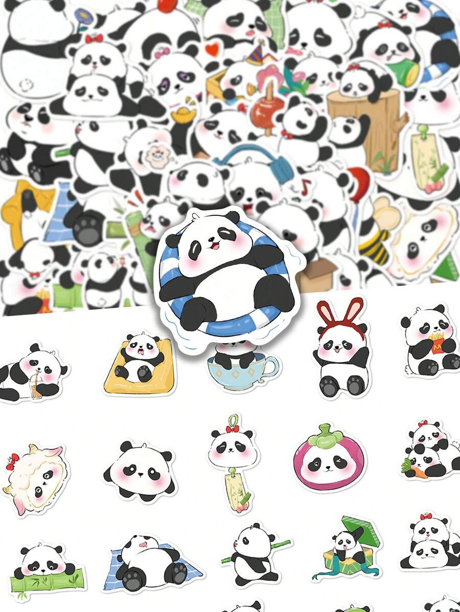 50pcs Panda Stickers Cute Cartoon Aesthetic For Journal, Phone Case, Tablet, Water Bottle, Helmet, Bike, Luggage, Waterproof Decals - Multicolor - View 1