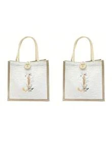 Túi vải lanh, Túi vải lanh họa tiết hoa nhí trang trí nút, Túi xách cỡ lớn tối giản, Túi đựng đồ tiện dụng, Túi mua sắm đa năng, Chữ A-Z lá xanh mạ vàng, Thiết kế mới, Dung tích lớn, Lý tưởng cho mua sắm, Túi đeo vai, Túi xách tay, Túi đựng cơm trưa, Hộp cơm trưa, Phù hợp cho nữ, Phiên bản năm mới - trắng - Xem 44