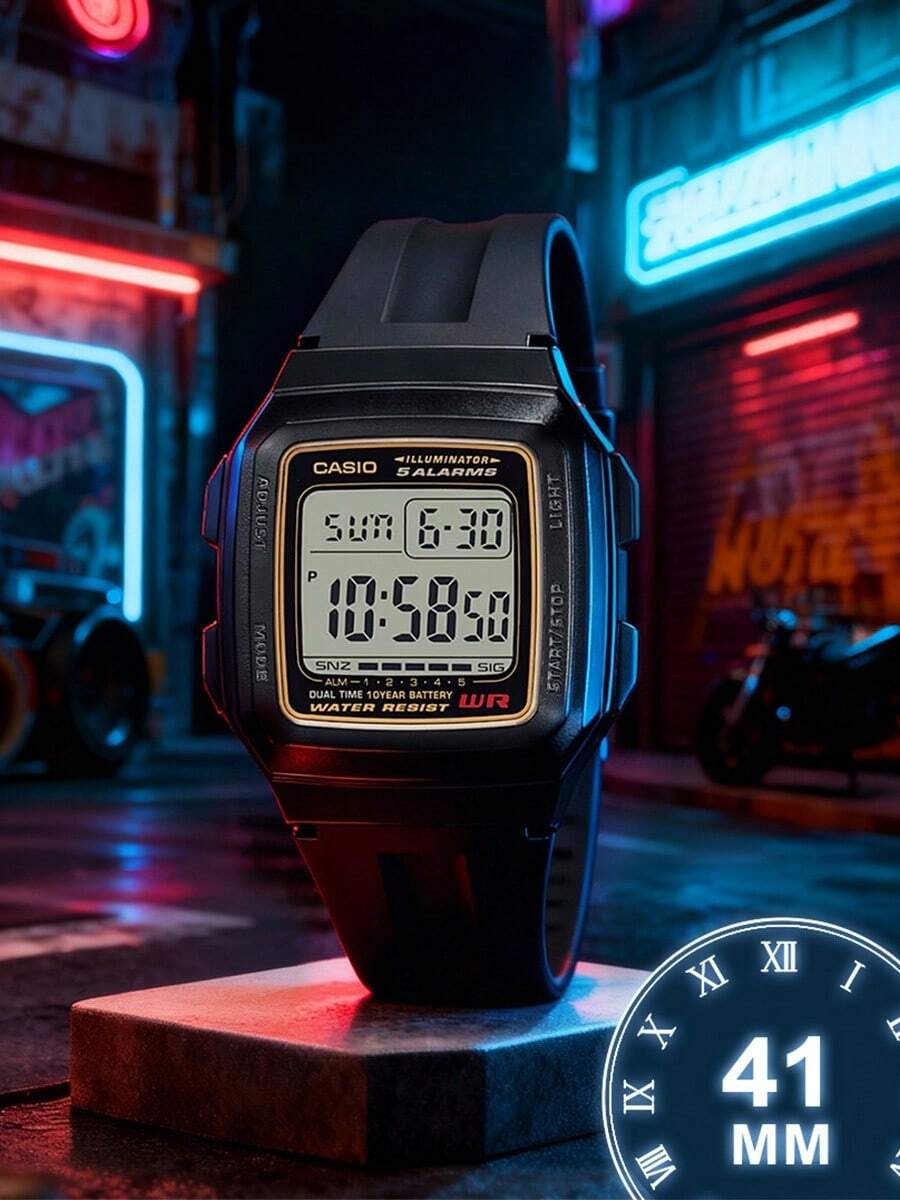 Unisex Retro Digitaluhr, Studentenuhr, leichte Lässig Quarzuhr, 10 Jahre Batterielebensdauer, wasserdichte Armbanduhr, geeignet für Alltag, Sport, Büro, Studium, klassisches Basismodell für Herren und Damen, Jugendliche, schwarzes quadratisches Zifferblatt, Casio F-201WA-9A - Hellorange - Übersicht 1
