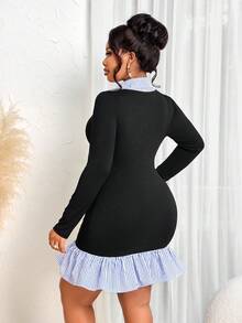 BIUBIU Robe tunique en tricot à manches longues et col contrasté avec ourlet à volants, longueur genou, robe de bureau pour femmes au printemps, grande taille - Kesé - Voir 2