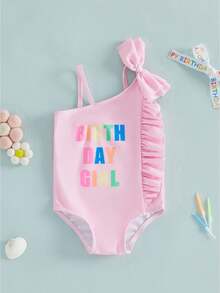Kids Girl Summer Swimsuits Letter Print Bow Ruffles Sleeveless Swimwear For Toddler Bathing Suits Beachwear - Hồng - Xem 1