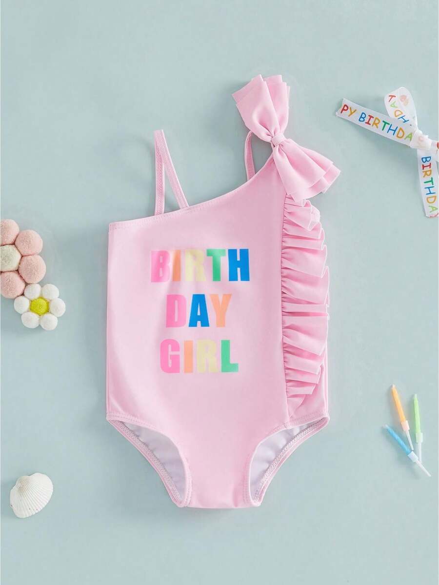 Kids Girl Summer Swimsuits Letter Print Bow Ruffles Sleeveless Swimwear For Toddler Bathing Suits Beachwear - Hồng - Xem 1