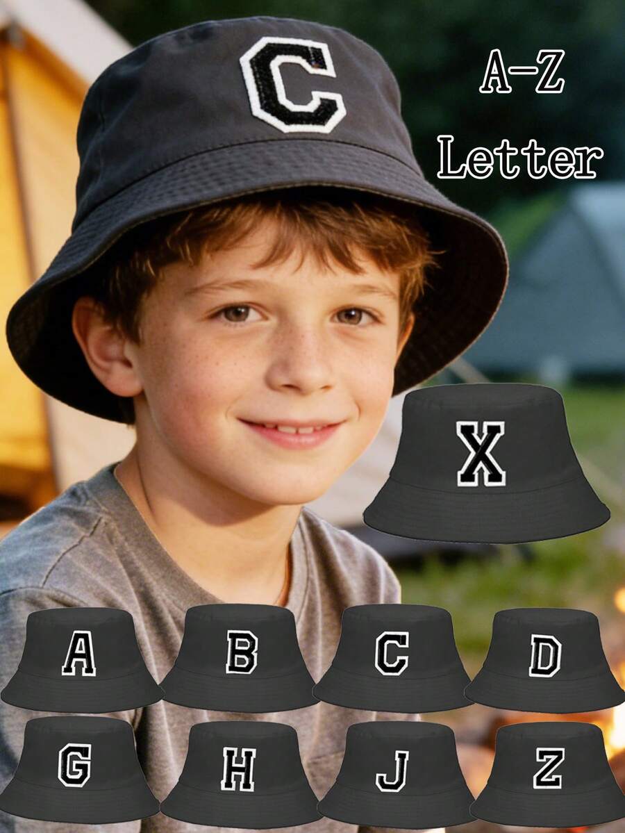 1pc A-Z Letter Embroidered Breathable Casual Bucket Hat, Sun Protection Hat For Children Aged 3-16 Years Old - Black - View 1