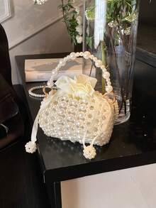 1 pieza Bolso de mano lindo con cordón de cierre de perlas para niñas, bolso cruzado con cuentas blancas, adecuado para primavera/verano - Blanco - Ver 7