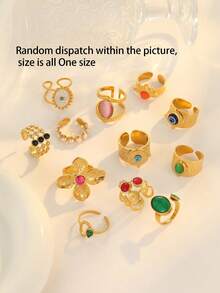 1件/2件/4件/6件/8件/10件装不锈钢镀金彩色宝石戒指套装，随机搭配 - 多色 - 查看 2