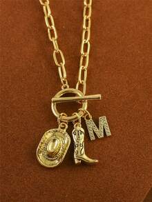 1pc Retro Classic Letter Western Cowboy Hat Pendant, With Gold Stainless Steel Paperclip Chain, Women Necklace - Yellow Gold - View 29