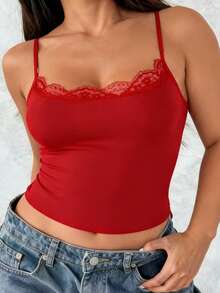 Áo tank top nữ cỡ lớn VIVINA mùa hè màu trơn phối ren cổ tròn ôm sát, kiểu dáng thường ngày màu đỏ - Đỏ - Xem 1
