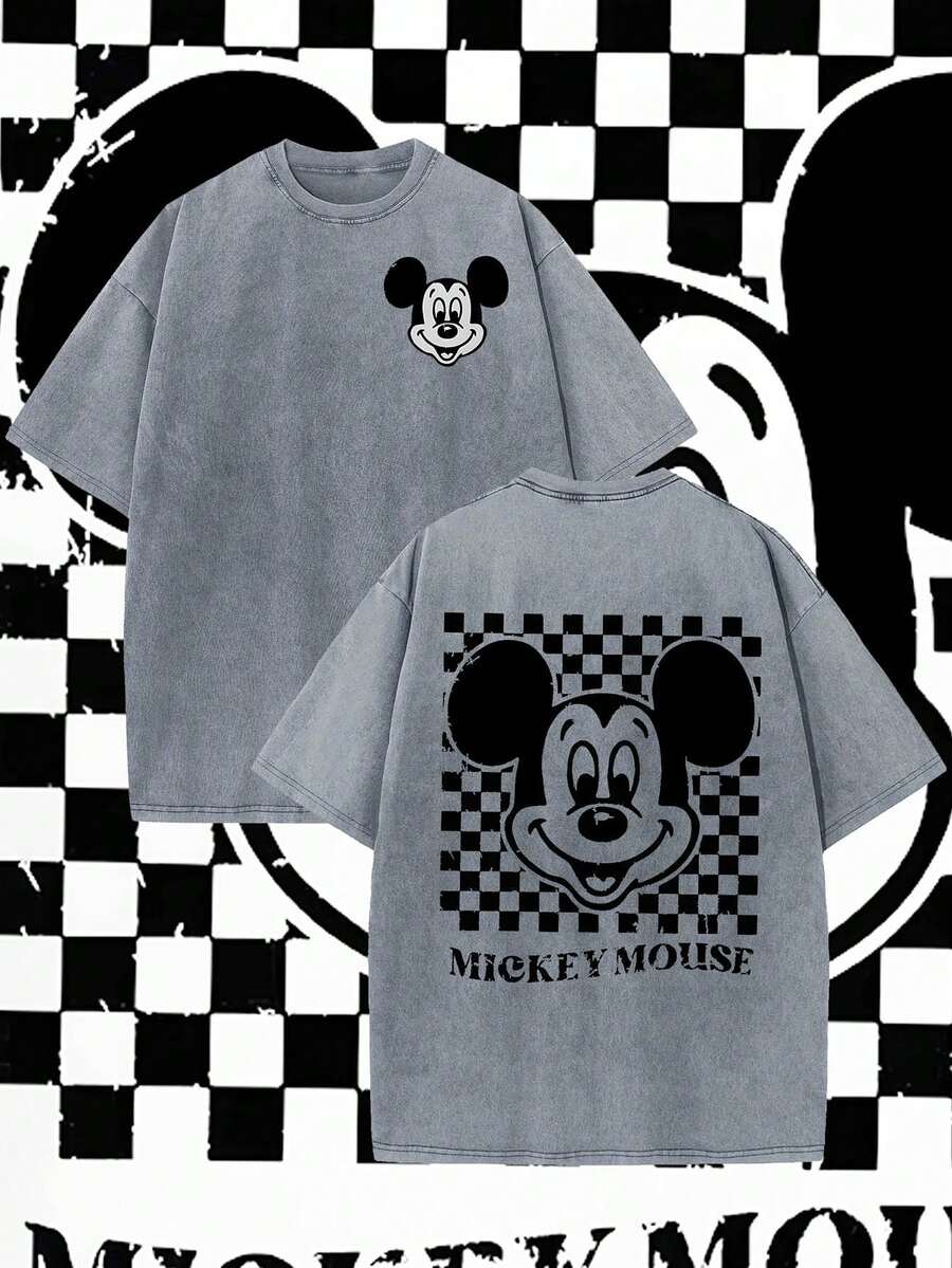 Disney, Disney Mickey Mouse ; T-shirt d'été à manches courtes pour homme, effet vieilli, coupe unique, pur coton, confortable et respirant, style streetwear décontracté, col rond ; une marque de mode de haute qualité, un cadeau surprise idéal pour la famille et les amis. - Gris - Voir 1