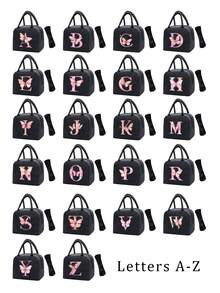 Pink Butterfly & Letter Pattern Insulated Lunch Bag, Thermal Lunch Box, Suitable For Students, Office, Camping, Picnic, School, University, Lightweight Portable Canvas Lunch Storage Bag - Multicolor - View 4