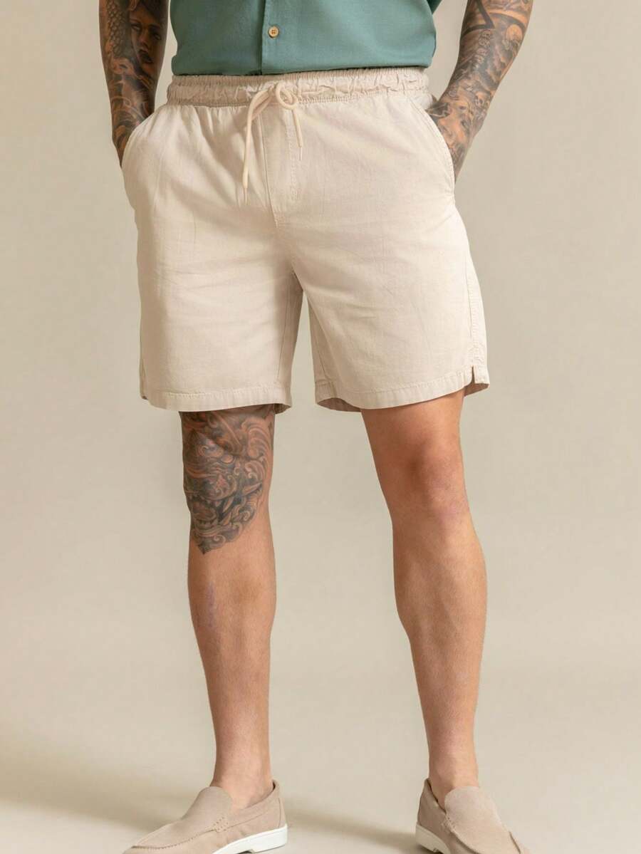 Men's Bermuda Shorts In Twill With Linen And Drawstring - Apricot - View 1
