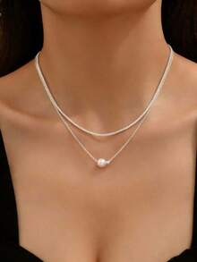 1pc Double-Layer Faux Pearl Necklace, Elegant Unique Design Women's Choker Necklace, Suitable As Holiday Gift - Silver - View 3