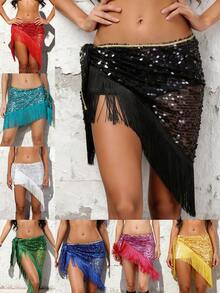 女士亮片流苏臀巾拉丁舞表演服装肚皮舞流苏腰链配三角巾 - 彩色 - 查看 1