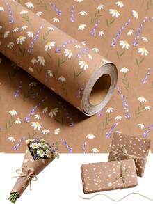 Lavendel & Gänseblümchen Blumen Kraftpapier Rolle, lila Blumen Geschenkpapier, braunes Kraftpapier, geeignet für Frühlingshochzeit, Muttertag, Geburtstagsparty, Geburtstags Geschenkverpackung - Mehrfarbig - Übersicht 11