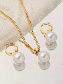 1pc Necklace & 1 Pair Earrings Set, Minimalist Pearl Pendant Necklace And Stud Earrings, Suitable For Evening Gown, Wedding - Multicolor - View 6