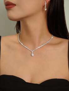 3pcs Simple And Exquisite Cubic Zirconia Jewelry Set, Including Necklace, Earrings And Bracelet, For Women's Daily Wear, Weddings, Parties, Birthdays, And Festivals - Silver - View 6