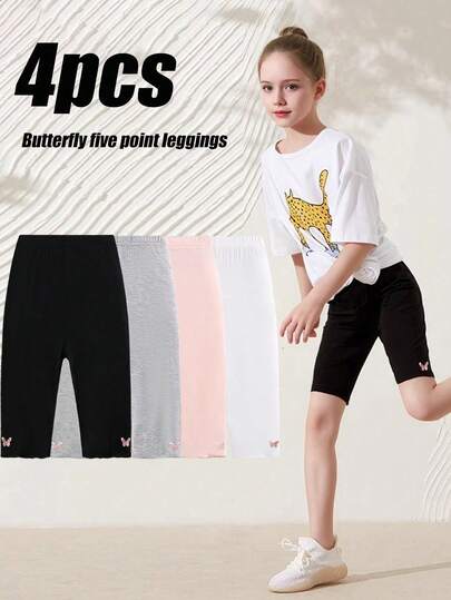 4pcs Cute Butterfly Element Girls Shorts, Thin Breathable Rayon Leggings For Toddler Girls Summer