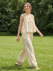 Women's Summer Pajamas Set Stylish Floral Print Tie Shoulder Tops With Pants Lounge Wear 2 Pcs Set - 混合色 - 查看 2