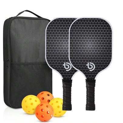 A Complete Set Of Fiberglass Pickleball Equipment, Including 2 Rackets + 4 Balls + 1 Black Ball Bag, 26-Hole Balls + 40-Hole Balls, Family Entertainment Training - Pickleball