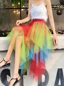 Ombre Asymmetrical Mesh Tulle Skirt, New Spring/Summer Midi Flowy Skirt, Fairy Style Skirt Vacation - Rainbow Colors - View 2