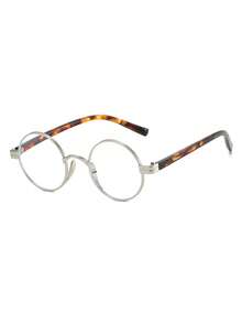 1 Pair Women's Silver Round Metal Frame Leopard Print Temples Contrast Retro Clear Glasses - Silver - View 2