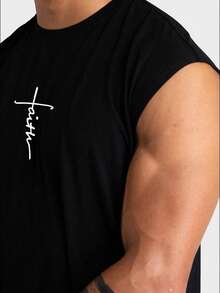 Parte superior deportiva sin mangas estilo novio para hombre, ideal para actividades al aire libre como correr, ejercicio y talla grande. Ropa deportiva de secado rápido y transpirable con camiseta estampada con fe. - Negro - Ver 2