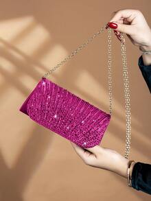 REMANLAND Túi xách dây xích đính đá lấp lánh sang trọng, khóa nam châm, kiểu dáng thanh lịch và thời trang, thích hợp cho tiệc sinh nhật của phụ nữ, túi đeo vai dự tiệc buổi tối quyến rũ. - Màu Hồng Tươi - Xem 3