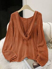 Lubi Women's Spring/Autumn/Summer Hollow V-Neck Long Sleeve Loose Relaxed Knit Sweater, Breathable Knit Fabric, Casual Comfortable For Daily, Commute, Home, Afternoon Tea, Beach Vacation - Burnt Orange - View 6