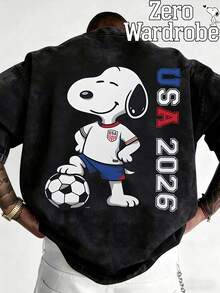 2026  World Cup Snoopy Pattern Print, Black Washed Distressed Short Sleeved T-Shirt, Black Breathable Loose Casual Style T-Shirt, Suitable For Daily Home And Outdoor Casual Men's Black Short Sleeved T-Shirt Top. - 黑色 - 查看 1