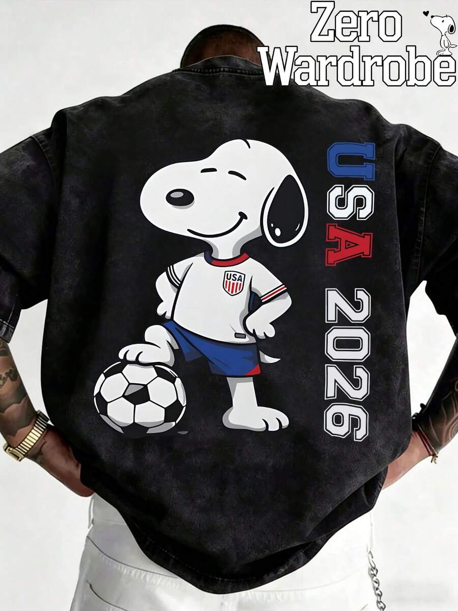 2026 World Cup Snoopy Pattern Print, Black Washed Distressed Short Sleeved T-Shirt, Black Breathable Loose Casual Style T-Shirt, Suitable For Daily Home And Outdoor Casual Men's Black Short Sleeved T-Shirt Top. - 黑色 - 查看 1