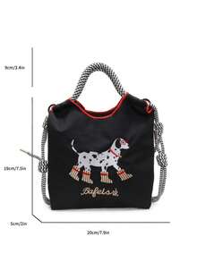 可爱斑点狗刺绣迷你方包，休闲百搭单肩斜挎包，学生日常包 - 黑色 - 查看 2