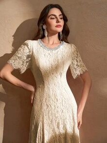 Elegant Round Neck Fitted Slimming Women's Luxury Dress, Elegant Sexy Party Solid Color Dress, Elegant Zipper Lace Patchwork Formal Evening Gown Summer - Apricot - View 3