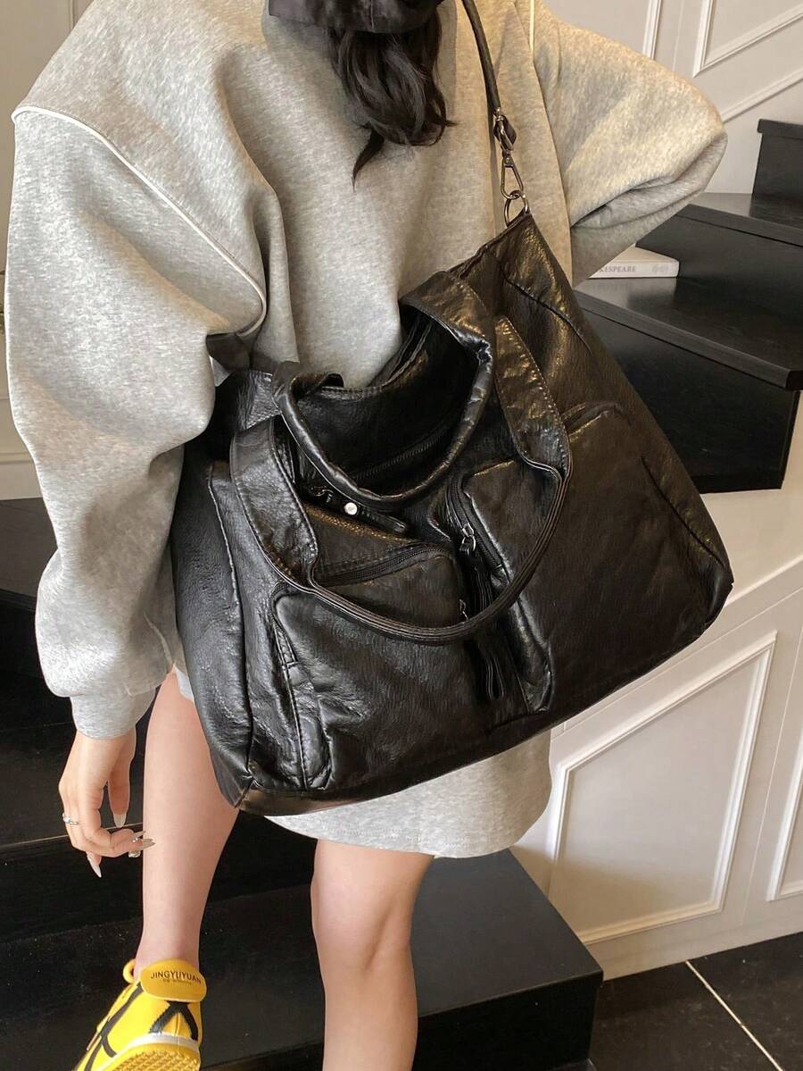Black PU Leather Crocodile Texture Large Capacity Tote Bag, Multi-Pocket Design Suitable For Various Occasions, Can Be Worn As Shoulder Or Crossbody Bag, Adjustable Strap, Fits 16-Inch Laptop, Files, Great For Shopping, Travel, Holidays, Casual, Soft Texture