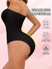 1pc Women's Strapless Solid Color Bodysuit, Seamless High-Waist Slimming Shapewear, Nylon Knit Fabric, No Padding, High Support Black Elegant Summer - Black - View 2