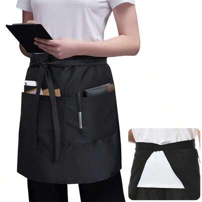 Black Practical Work Apron, Server Apron With Extra Large 3 Pockets, 55cm Long Waist Apron For Waitress/Waiter, Waterproof