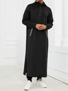 Hooded Thobe With Drawstrings,Modern Islamic Clothing For Men,Kamisweat Thobe,Muslim Men's Long Thobe Kamees - Black - View 3