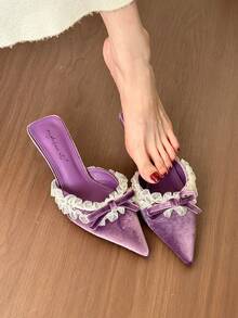 French Lace Trim Slip-On Pumps, Fashion Versatile Pointed Toe High Heels For Women - Purple - View 1