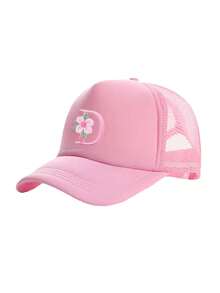 1顶儿童棒球帽，A-Z字母花朵图案卡车司机帽，青少年酷炫时尚百搭休闲遮阳帽，适合男孩女孩返校日常佩戴街头服饰 - 粉色 - 查看 9