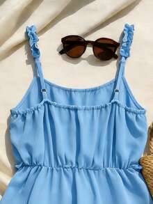 女士蓝色梭织面料吊带背心，荷叶边装饰，喇叭下摆细肩带常规长度背心，无弹力不透设计 - 淺藍色 - 查看 4