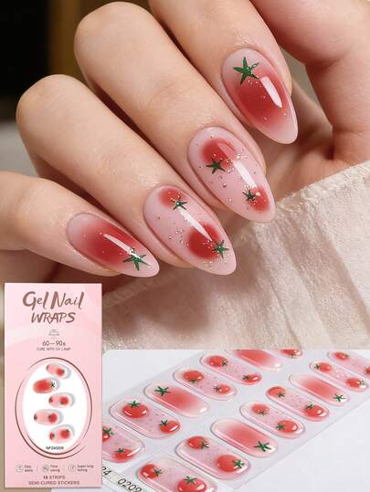 16片3D番茄渐变亮面凝胶美甲贴纸，可爱夏季美甲贴花，经久耐用，适合通勤、居家、派对、旅行、日常穿搭，送给女孩的礼物