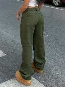 Women's Casual Light Wash Straight Leg Jeans - Army Green - View 8