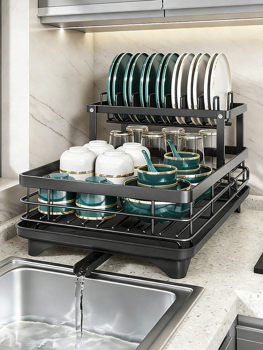 Heavy Duty Carbon Steel Kitchen Countertop Dish Drying Rack With Drain Pipe, High Capacity For Plates, Bowls, Cups & Cutting Boards, Moisture-Proof And Rust-Resistant, Keeps Kitchen Counter Tidy - Multicolor - View 1