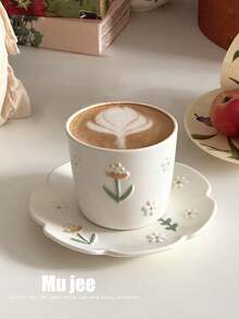 240ml Ceramic Floral Embossed Iced Tea Cup With Saucer, Unique Hand-Hold Cup, Medium Coffee Mug, Tea Cup, Household Water Glass, Back To School Gift Set - Multicolor - View 5