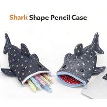 1pc Durable Canvas Shark Pencil Case With Playful Star Patterns - Cute Zipper Stationery Bag For Boys, Girls And Office Use, Stationery Organizer | Shark Shaped Bag | Denim Look, Birthday Gift, Easter Gift, Christmas Gift. - Multicolor - View 9