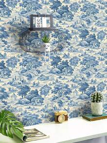 1卷复古法式农舍风格壁纸，蓝色风景和乡村风格，可剥离粘贴移除，防水防潮，适用于卧室壁炉、客厅装饰墙、楼梯、家居装饰和橱柜家具翻新，营造复古的房间装饰美感。 - 彩色 - 查看 5