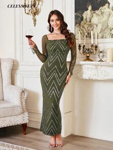Olive Green Sequin Embroidered Dress, Elastic Mesh Christmas Party Wedding Evening Gown - Army Green - View 5