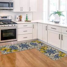 Blue Floral Lemons Spring Kitchen Mats, Home Decor Low-Profile Kitchen Rugs For Floor 48x17 Inches/28x17 Inches Or Kitchen Mat Set - 預設 - 查看 2