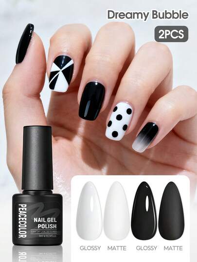  PEACECOLOR 2PCS Classic Colors Gel Polish Gel Nail Polish Set, Black White Soak Off Gel Polish UV LED Cured Long Lasting Color Development Nail Art Nail Gel Polish For Salon DIY At Home