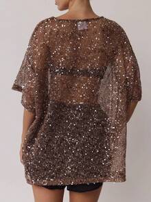 Women Sequin Sheer Short Sleeve Glitter T Shirt Sparkle See Through Crochet Cover Up Swimsuit Beach Shiny Mesh Blouse Top - 棕色 - 查看 4