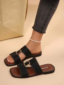 Sandales plates mode femme, bride croisée confortable à talon bas, semelle souple, design aéré et ajouré, convient pour l'été, usage quotidien, maison, plage - Noir - Voir 4